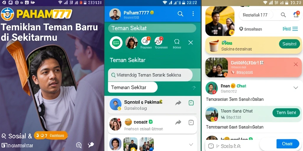 Tampilan utama PAHAM777 dengan fitur pencarian teman sekitar.